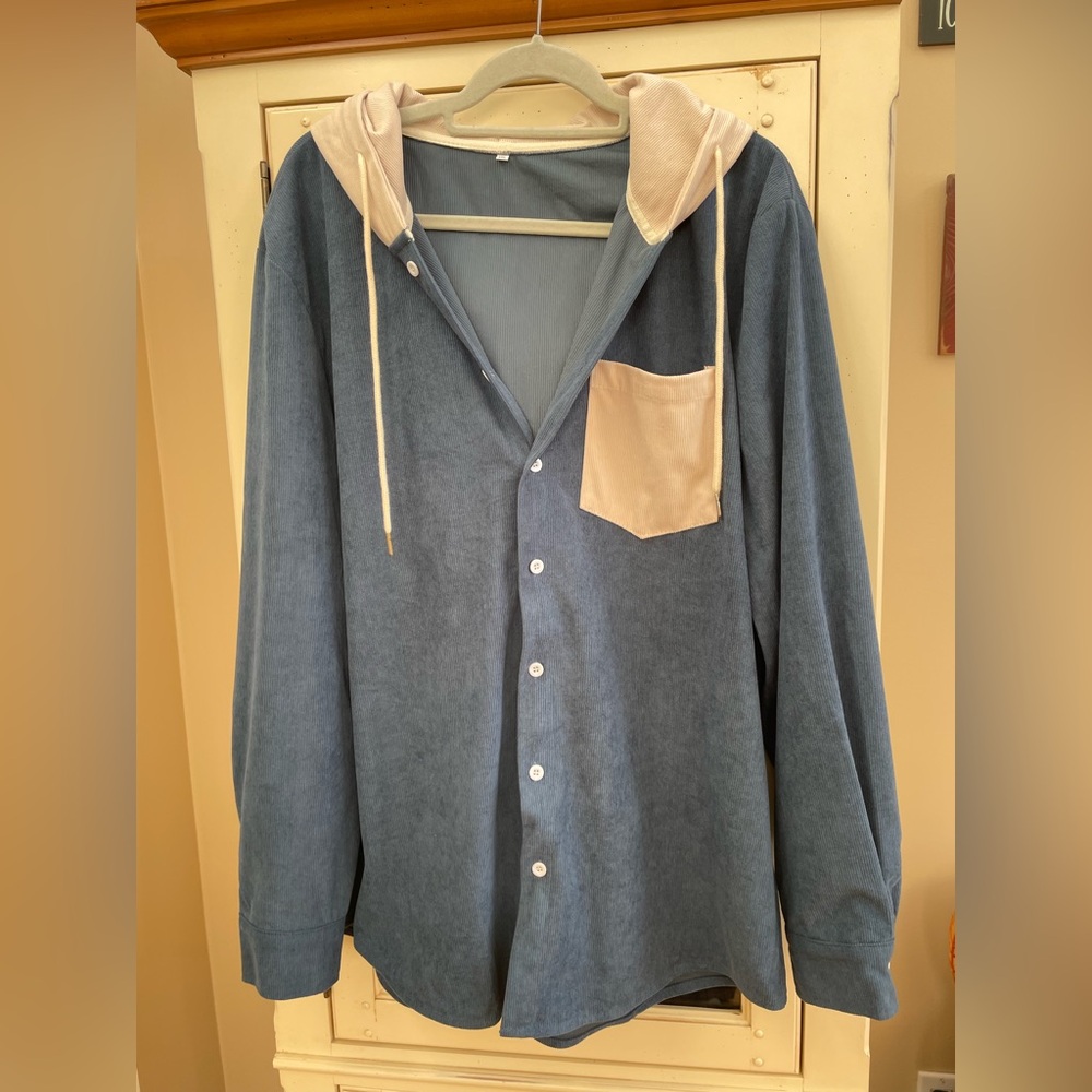 Men’s Button Down Hoodie Shirt-XXL-Blue/Beige-Corduroy-NWOT